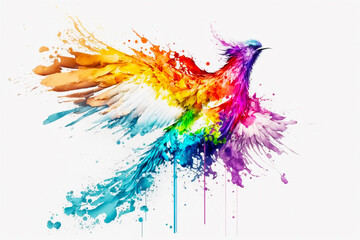 Canvas Print - Colorful bird painted in watercolors on white background with splatters. Generative AI.