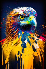 Poster - Close up of colorful bird with paint splatters on it. Generative AI.