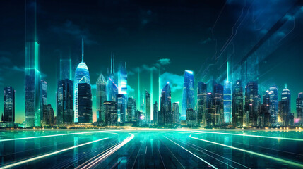 A stunning futuristic city skyline demonstrating advanced waste management and sustainable design elements