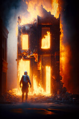 Poster - Man standing in front of fire in building that is on fire. Generative AI.