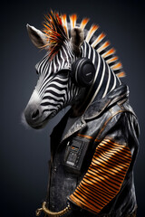 Wall Mural - Zebra wearing headphones and jacket with orange and black pattern. Generative AI.