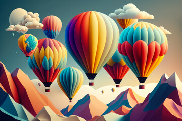 Poster - Group of hot air balloons flying in the sky over mountain range with mountains in the background. Generative AI.