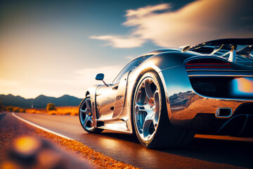 Poster - Silver sports car driving down road with mountains in the background and clouds in the sky. Generative AI.