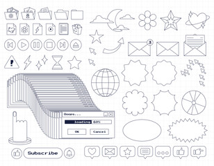 Fototapete - Set of retro computer ui nostalgic elements and stickers. Old PC 90s user interface icons with an outline. Frozen window, loading, buttons, folders, arrow. Outline Y2K icons. Vector illustration.