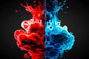 Sticker - Red and blue liquid splashing into each other on black background. Generative AI.