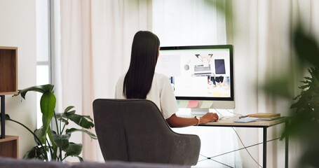 Aufkleber - Creative website designer woman at computer or desktop pc working on internet SEO for digital marketing agency. Remote, work from home girl or freelance copywriter employee of online tech company