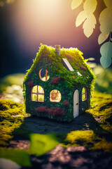 Sticker - House made out of moss with light coming from the window on top of it. Generative AI.