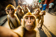 Group Of Monkeys Standing Next To Each Other On Street With Man In The Background. Generative AI.