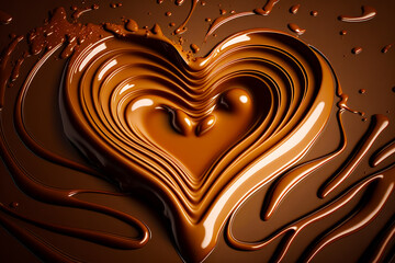 Sticker - Heart made of chocolate on top of brown background with drops of liquid. Generative AI.