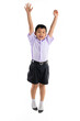 © NVB Stocker - Happy boy jumping. Thai school uniform with backpack bag. Portrait Young Asian excite cute boy standing on white background banner. Back to school.