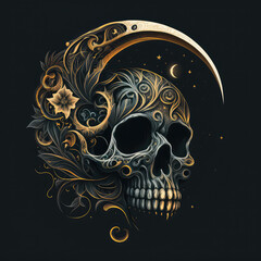 Wall Mural - Ornate Golden Moon Skull - Generative AI