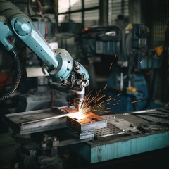 Poster - In the factory, a robot's hand is working on a steel welding building and an electronic equipment. generative ai