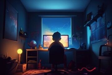 a person sitting at a desk in a dark room, generative AI