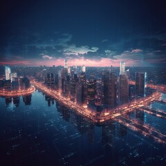 Canvas Print - city skyline at night, smart city and abstract line and dot connect with gradient line design, big data connection technology. generative ai