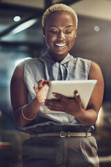 Business, tablet and smile with black woman in office for technology, corporate or communication. Social media, connection and internet with female and search online for networking, email and website