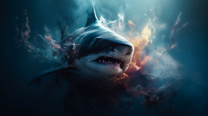 Great white shark swimming underwater with fire and smoke in the background. Generative AI