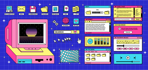 Poster - The screen of an old retro PC in the y2k style. Retro wave and vaporwave background. Bright vintage computer interface