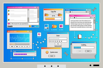Poster - The screen of an old retro PC in the y2k style. Retro wave and vaporwave background. Bright vintage computer interface