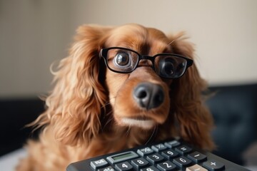 Wall Mural - a dog wearing glasses and holding a calculator, generative AI