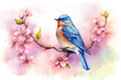 Bluebird on blooming maple tree branch. Watercolour drawing. Digitally generated AI image