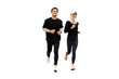 © muse studio - Sports people A man and a woman running fast fitness jogging, friends in sportswear and sneakers in full height, Front view, transparent background.