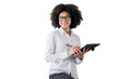 © muse studio - A happy financier woman uses a tablet in business clothes and glasses. Transparent background, png.
