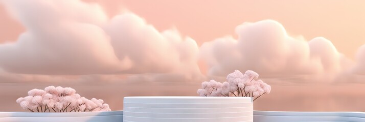 Wall Mural - Surreal podium outdoor on blue sky pink gold pastel soft clouds with space. 3d blender composition. Minimalistic showcase from stage and cloud on a blue-pink pastel background Generate AI.