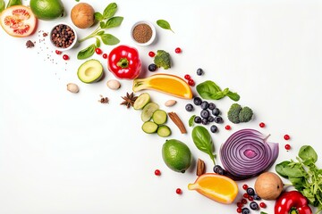 Healthy food on the white background isolated with copy space. Fruit, vegetable, seeds, superfood, leaf vegetable. Healthy eating concept. Generative AI