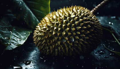 Poster - Close up of Durians in dark black background. Fresh fruit and Vegetable concept. Nutrition and vitamin theme. Generative AI