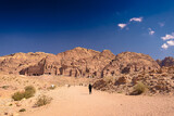 Fototapeta  - Petra w Jordanii. Ruiny starożytnego miasta w skale na tle błękitnego, bezchmurnego nieba.