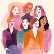 © Stock'd  - group of diverse women in stylized watercolor illustration isolated on cream, made with generative ai