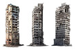 Set of ruined skyscrapers isolated on transparent background - Generative AI