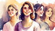© Stock'd  - group of young women girls in watercolor isolated on cream, made with generative ai