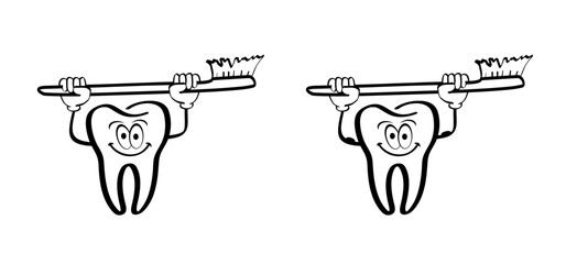 Wall Mural - Cartoon tooth with gums and toothbrush, line pattern. Vector drawing silhouette icon. Damage teeth brush or tooth brush with caries. Cracked tooth, mouth and dental, damaged. 