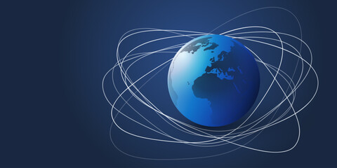 Poster - Abstract Dark Blue Minimal Style Sattellite Network Connections Design Concept with Oval Orbiting Lines Around Lit Earth Globe in Space - Vector Illustration with Copyspace, Place, Room for Your Text