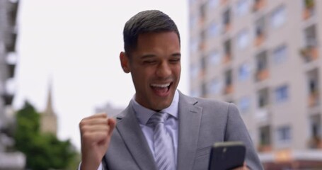 Aufkleber - Business man, winner and street with phone, celebration or happy in city, metro or outdoor. Young entrepreneur, businessman and winning on app, smartphone or surprise for profit, bonus or crypto goal
