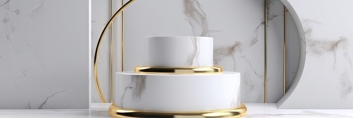 Wall Mural - White marble podium with gold inlays on background for product display.  Stage for product, cosmetic presentation. Creative mock up. 3d render composition. Generate AI.