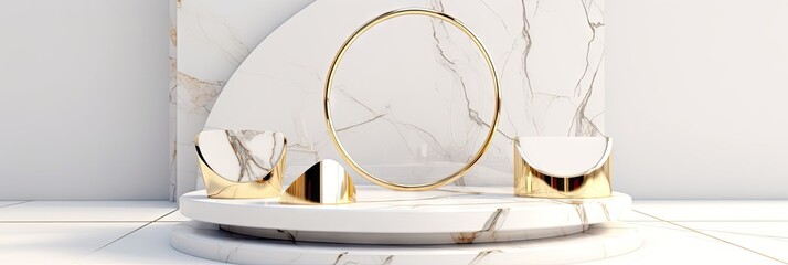 Wall Mural - White marble podium with gold inlays on background for product display.  Stage for product, cosmetic presentation. Creative mock up. 3d render composition. Generate AI.