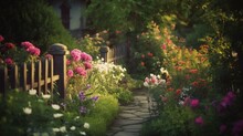 Generative AI, Beautiful Summer Private Garden With Many Flowers And Plants, Nature Landscape, English Countryside Cottage Style