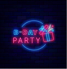 Wall Mural - Bday party neon label. Happy Birthday celebration. Circle frame with gift box. Vector stock illustration