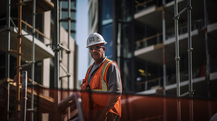 Canvas Print - Construction worker in hardhat at construction site, AI generative image