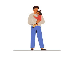 Wall Mural - oung man holds his child on hands with love and care. Happy father with his baby daughter embrace together. Family and parenthood concept. Vector illustration