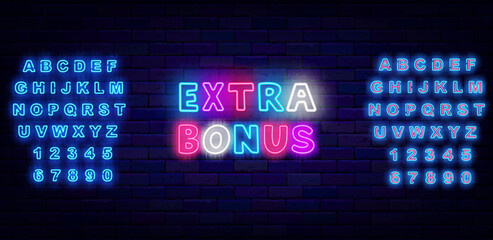 Extra bonus neon label. Colorful handwritten text on brick wall. Casino and lottery label. Vector stock illustration