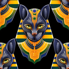 Bastet goddes. Cat wearing pharaoh's headdress in the style of digital airbrushing