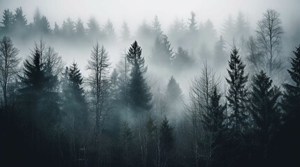 A dense mist shrouding a forest and giving it an eerie quality.