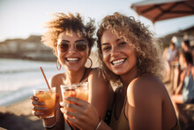 Generative AI Illustration Of Happy Young Female Friends With Curly Hair Smiling And Looking At Camera While Resting On Sandy Beach With Glasses Filled With Refreshing Drinks