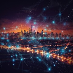 Poster - Connection technology night city background at business center and Wireless skyline connection with energy light infographic. generative ai