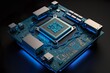 Hyper-Realistic Illustration of a Central Processing Unit Chip: Blue Glow and Intricate Details