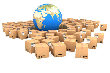 Poster - Digital composite image of cardboard boxes and globe