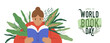 World book day girl reading book green plant leaf card illustration